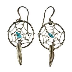 Vintage Sterling Silver Turquoise "Asabikeshiinh" Dream Catcher Drop Earrings